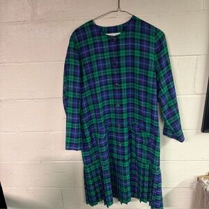 Kathryn Deene Women's Green Blue Plaid Pleated Button Shift Dress Long Sleeve 16